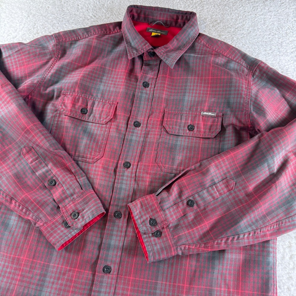Eddie Bauer First Ascent Flannel Button Up Shirt Mens L Red Plaid Chest Pockets
